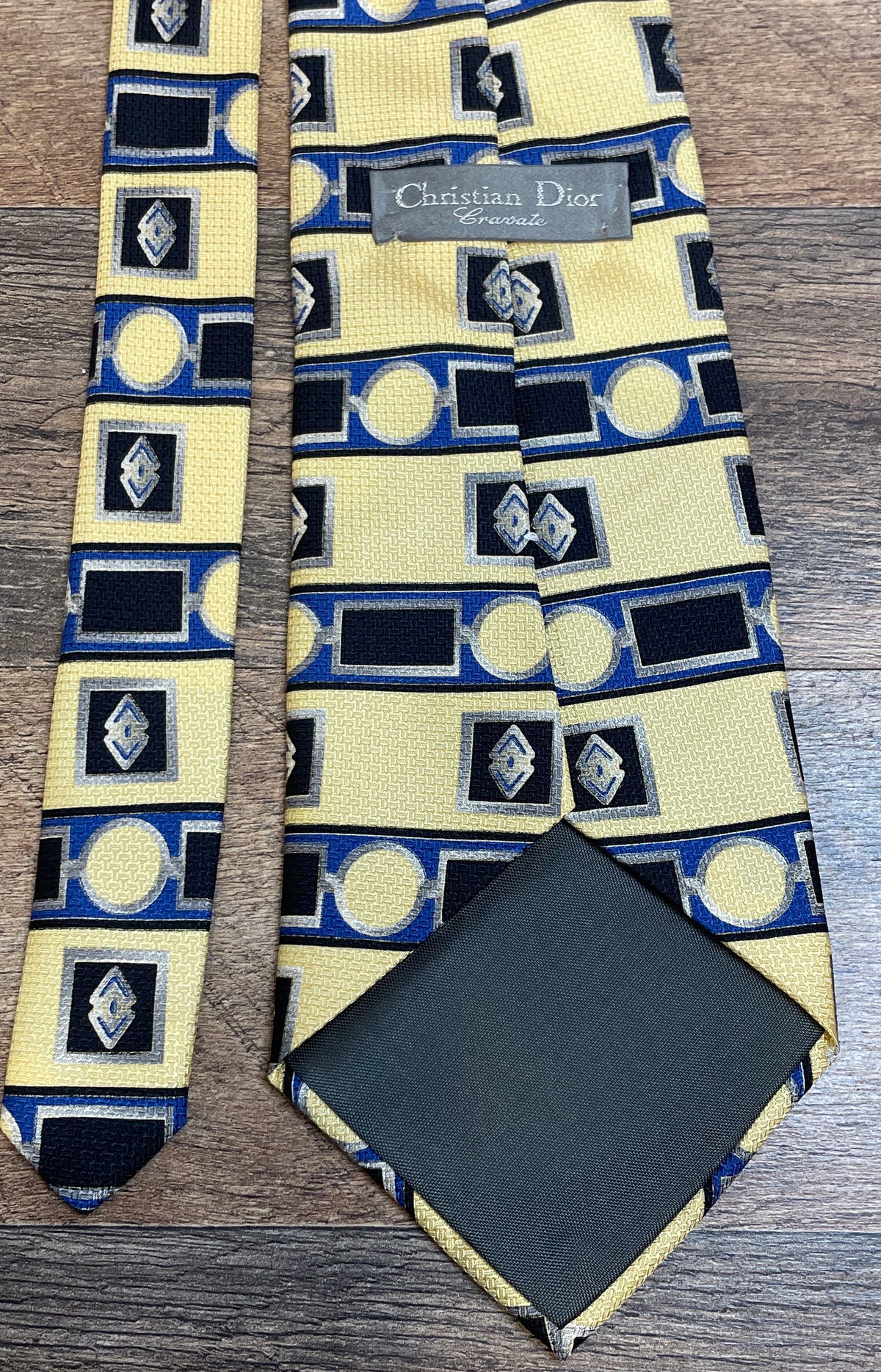 Christian Dior Men's Silk Necktie Yellow Blue Geometric Vintage Cravate COA
