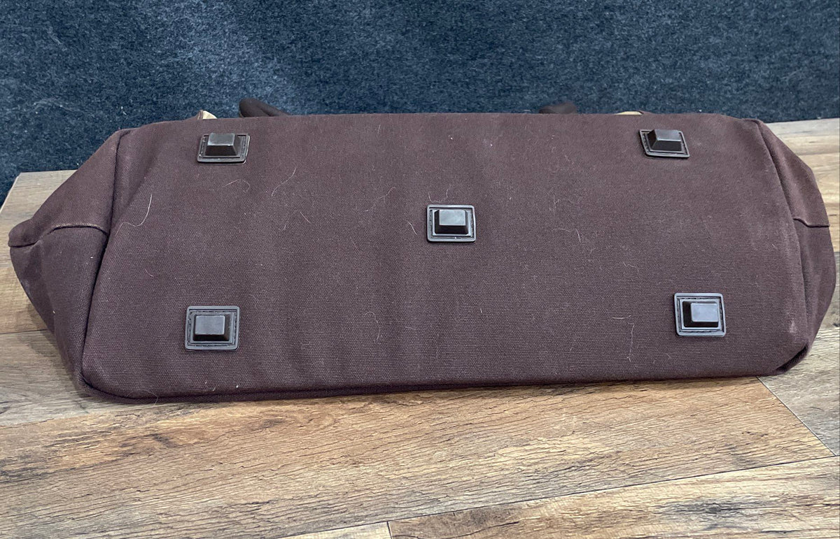 Eddie Bauer Brown Plaid Canvas Travel Weekender Satchel Bag Brass Hardware