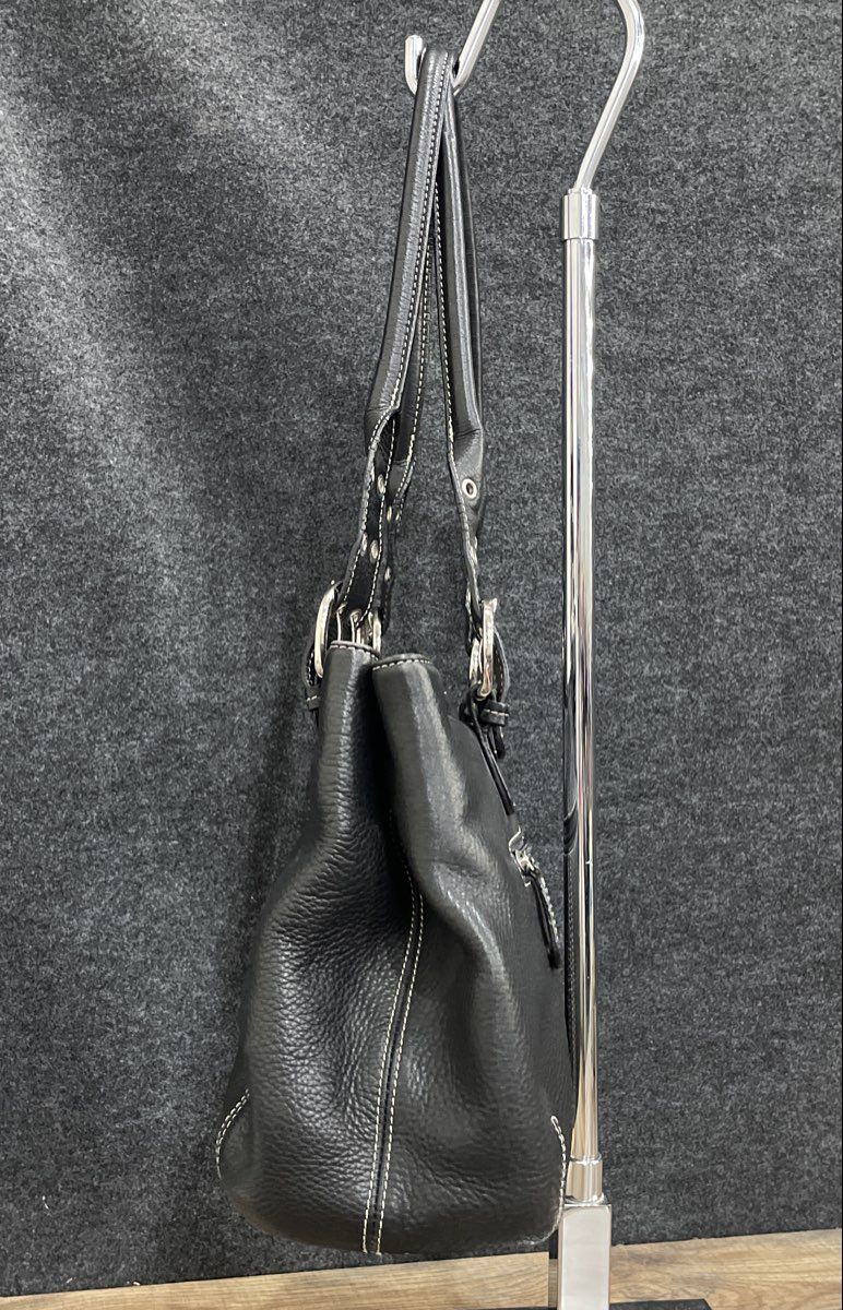 Tignanello Black Pebbled Leather Shoulder Bag Tote White Contrast Stitching