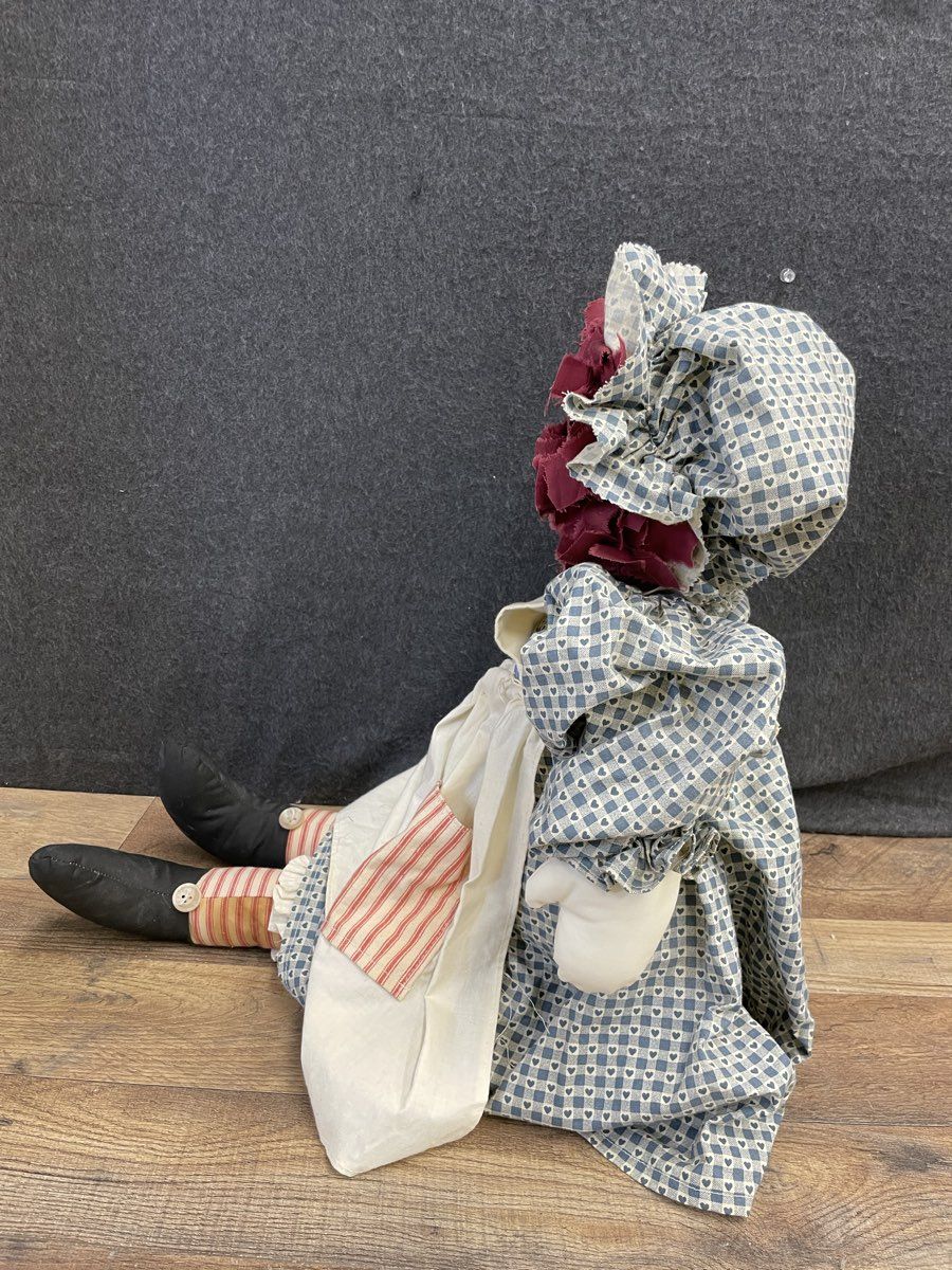 Vintage Handmade Raggedy Ann Style Blue Red Folk Art Primitive Cloth Doll 30"