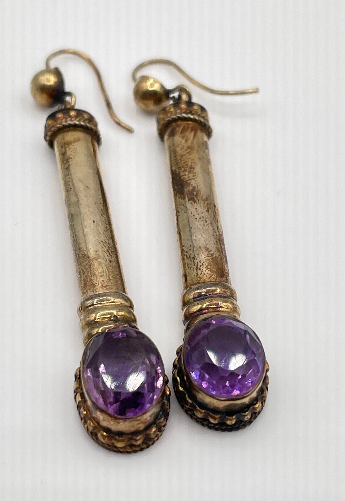 925 Sterling Silver Gold Tone Oval-Cut Amethyst Pillar Drop Earrings 8g