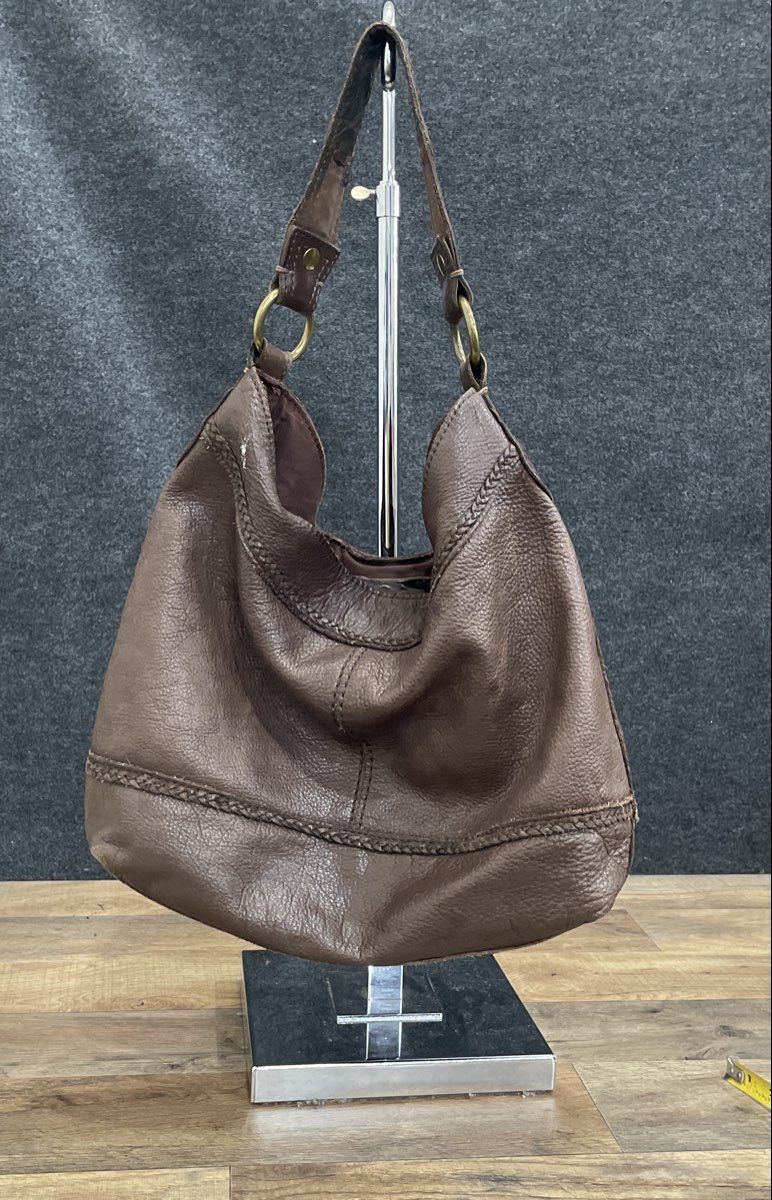 Lucky Brand Women's Brown Pebbled Leather Braided Trim Hobo Shoulder Bag