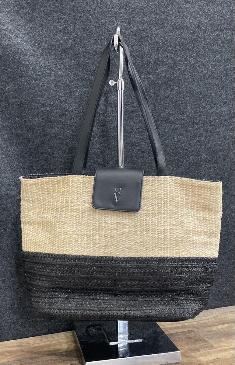 Simply Vera Vera Wang Tan Black Woven Straw Tote Large Contemporary Shoulder Bag