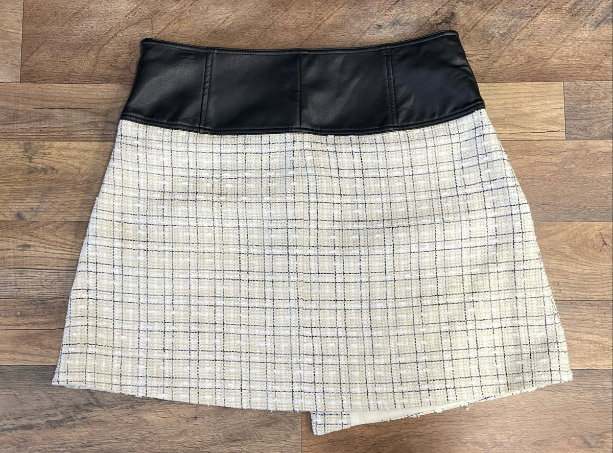 Karen Millen Black White Textured Boucle Faux Leather A-Line Skirt Sz 10 NWT