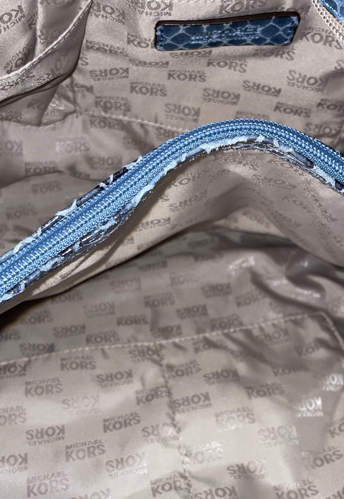 Michael Kors Blue Grey Snakeskin Embossed Leather Tote Shoulder Bag Silver