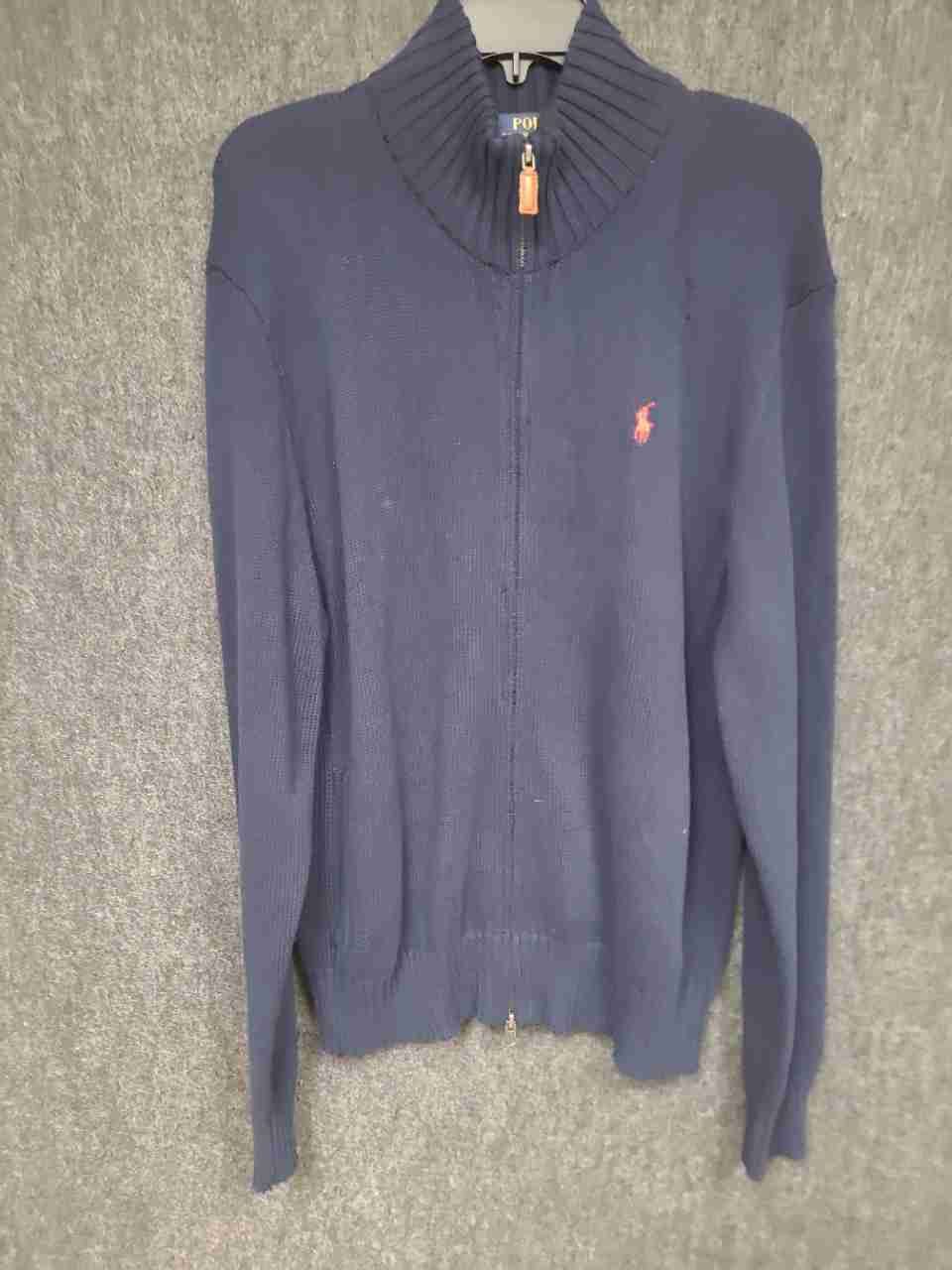 Polo Ralph Lauren Men's Navy Blue Full Zip Mock Neck Cotton Knit Sweater Sz L