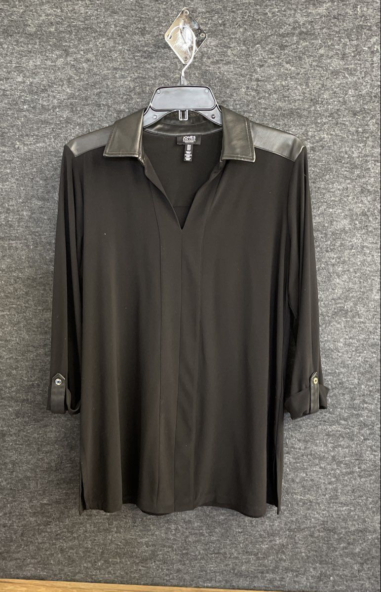 Jones New York Women's Black Faux Leather Trim Roll Tab Sleeve Tunic Top Sz M