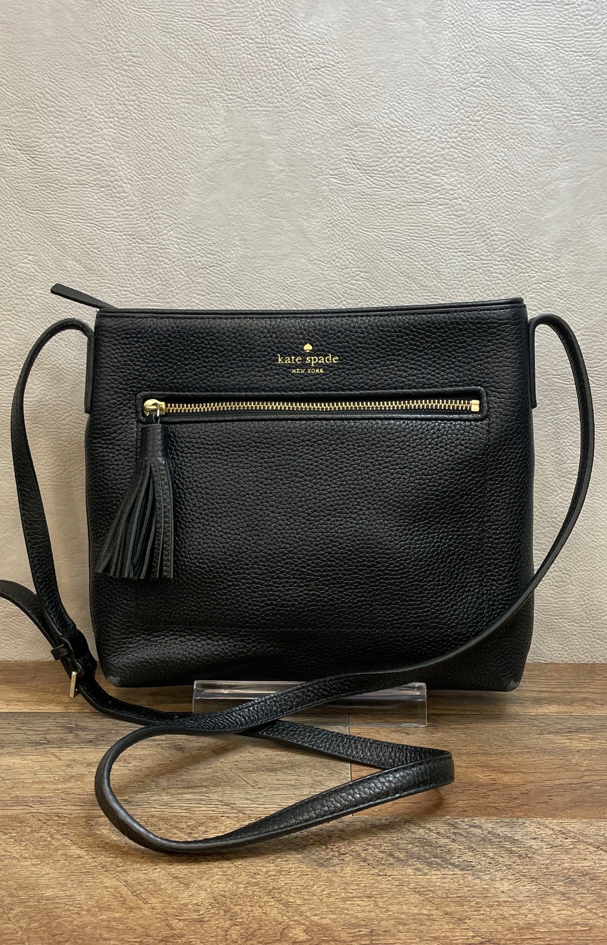 Kate Spade New York Black Pebbled Leather Crossbody Bag Gold Hardware Tassel