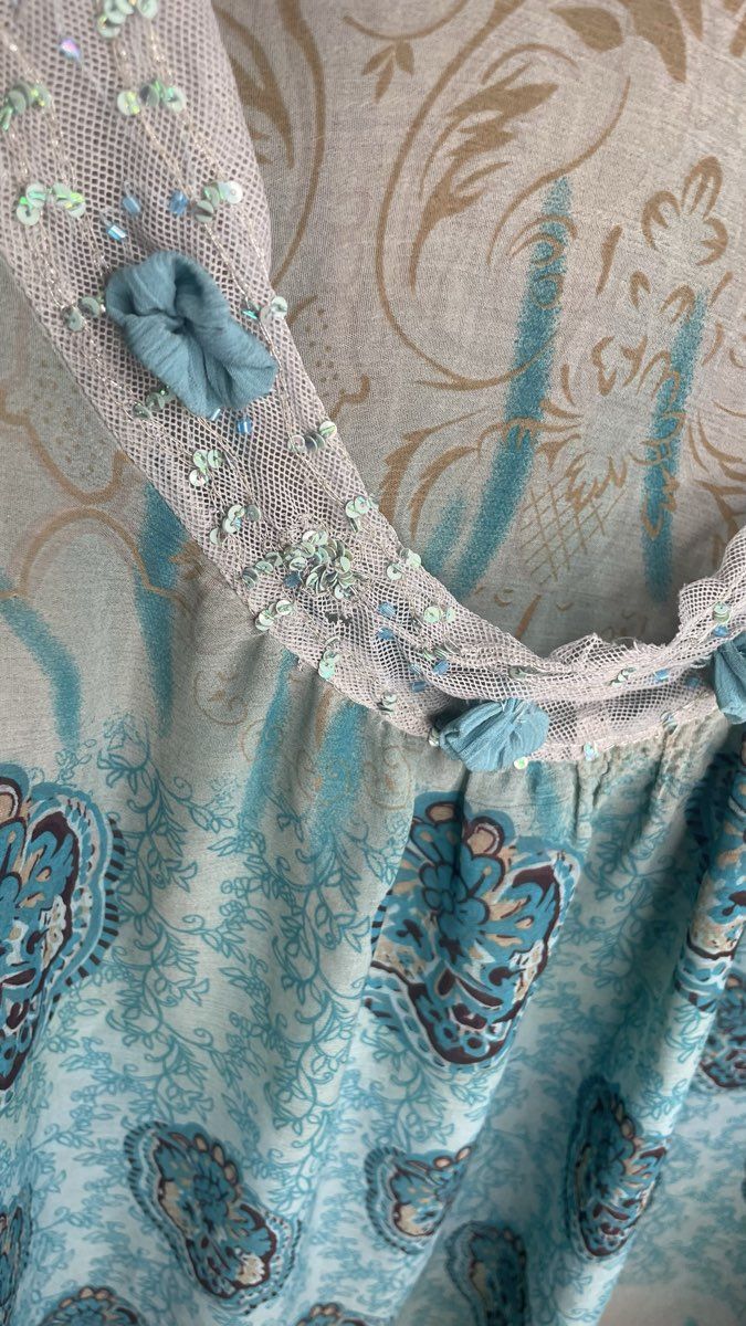 LunaChix Women's Teal Blue Tan Bohemian Floral Paisley Sequined Blouse