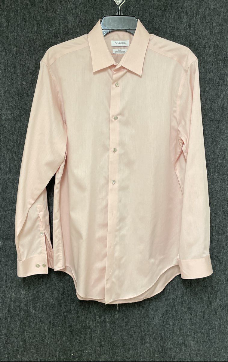 Calvin Klein Men's Steel Slim Fit Non-Iron Dress Shirt Pink Herringbone Sz L