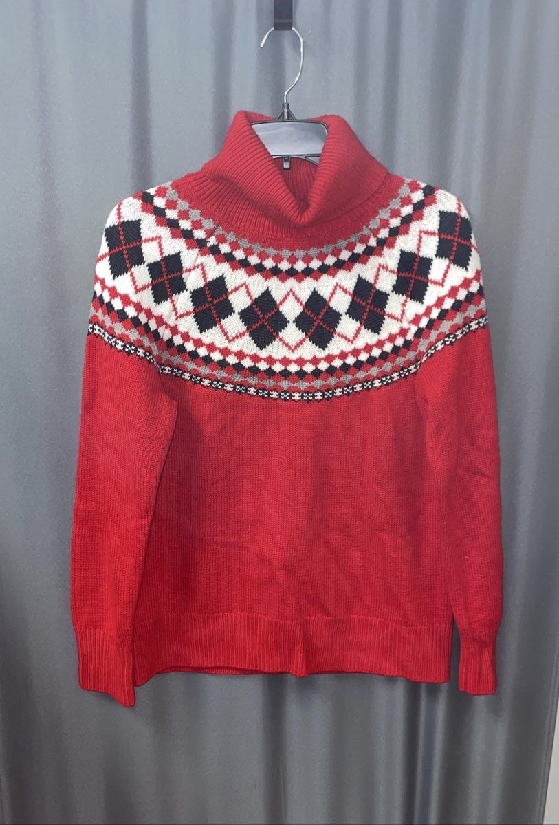 Tommy Hilfiger Women's Turtleneck Sweater Red Argyle Fair Isle Knit Sz M