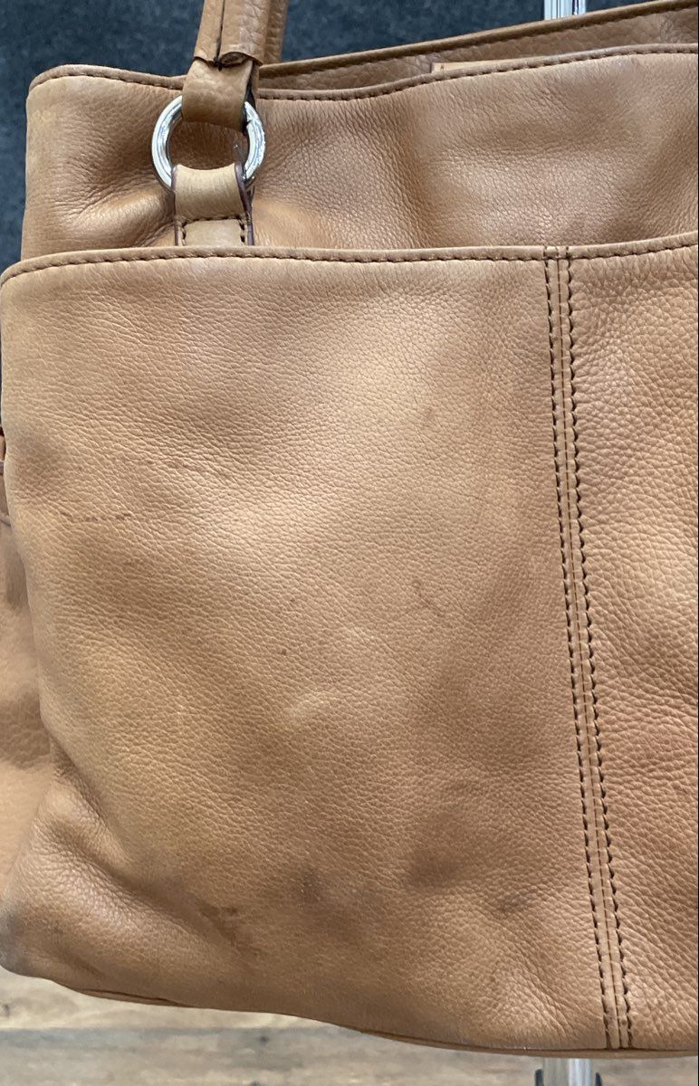 Liz Claiborne Tan Pebbled Leather Satchel Tote Bag Large Turn Lock Brown
