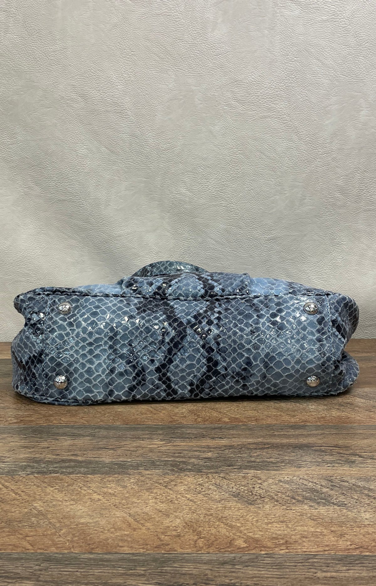Michael Kors Blue Grey Snakeskin Embossed Leather Tote Shoulder Bag Silver