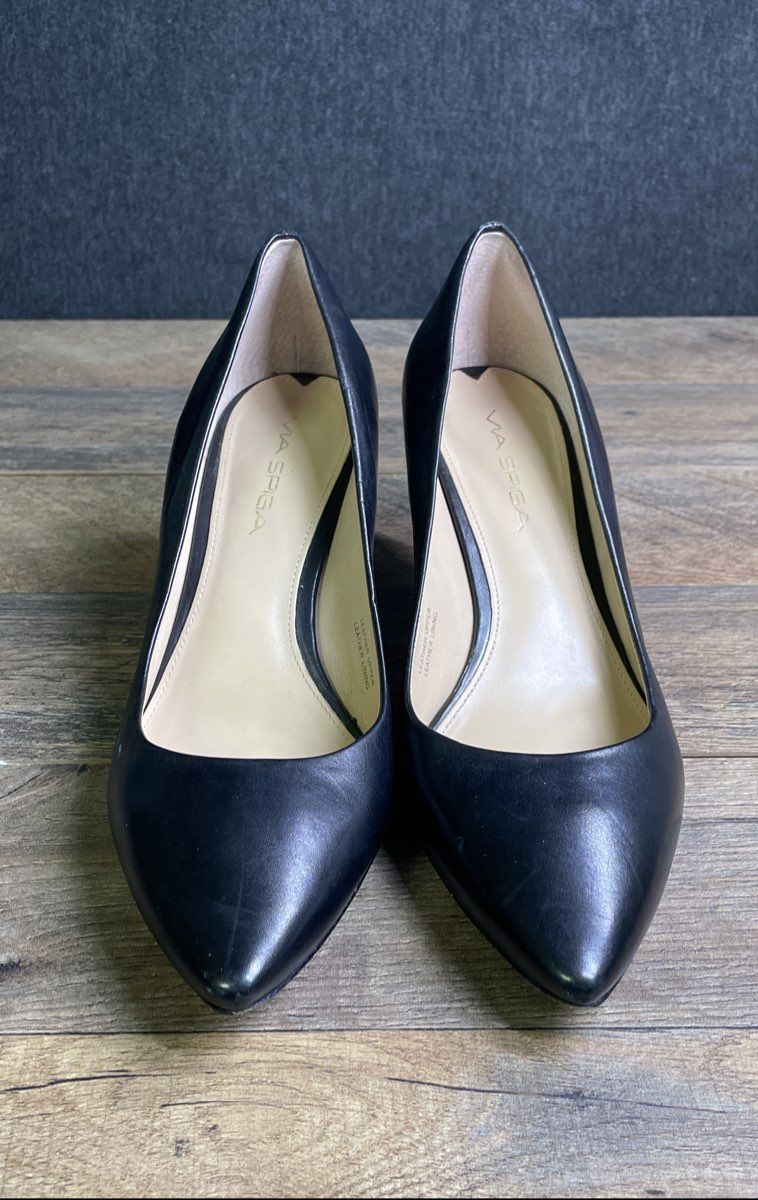 Via Spiga Black Leather Pointed Toe Stiletto Pumps Heels Women's Size 8