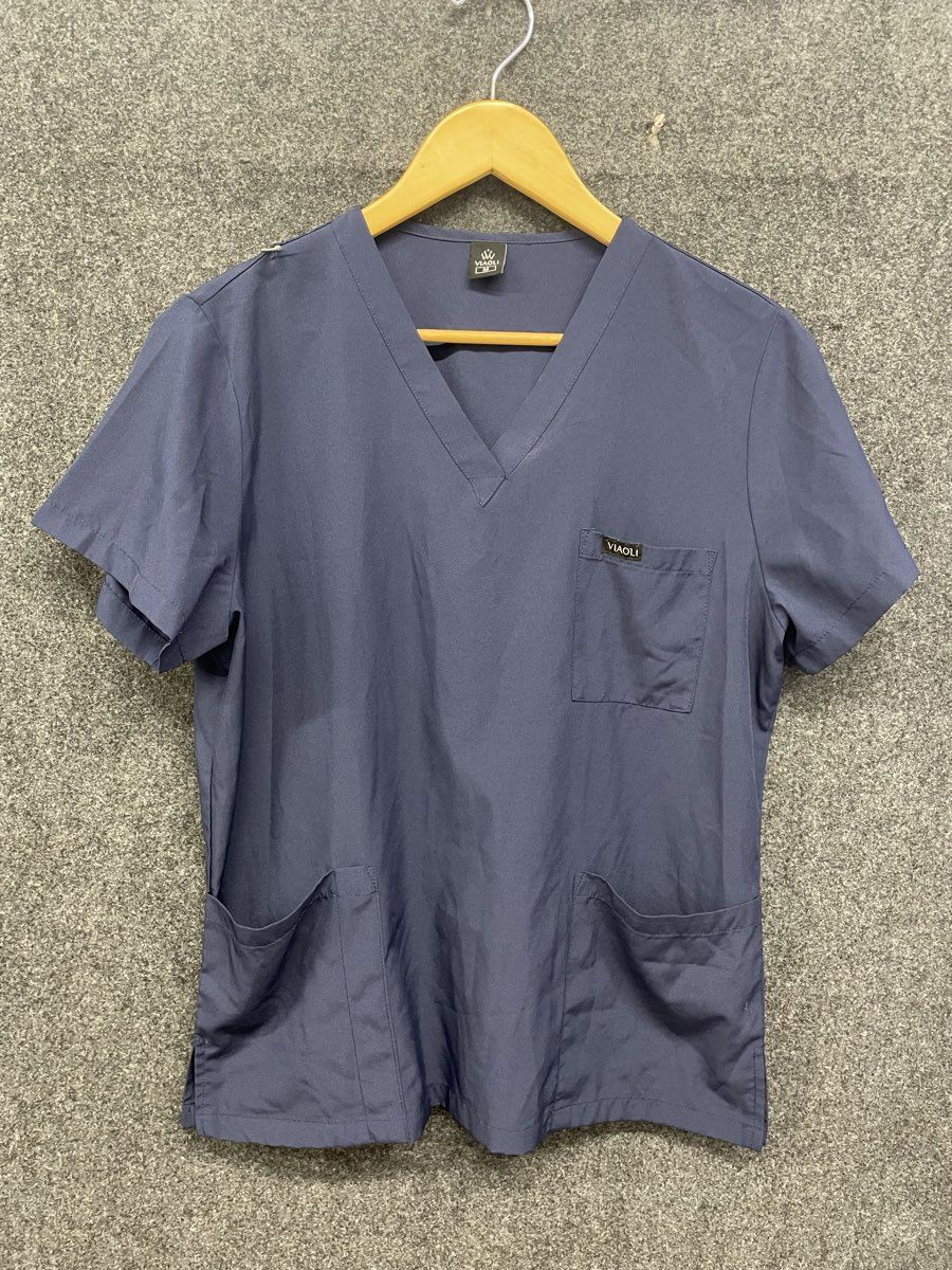 Vialoi Navy Blue V-Neck Short Sleeve 3-Pocket Medical Scrub Top Sz M