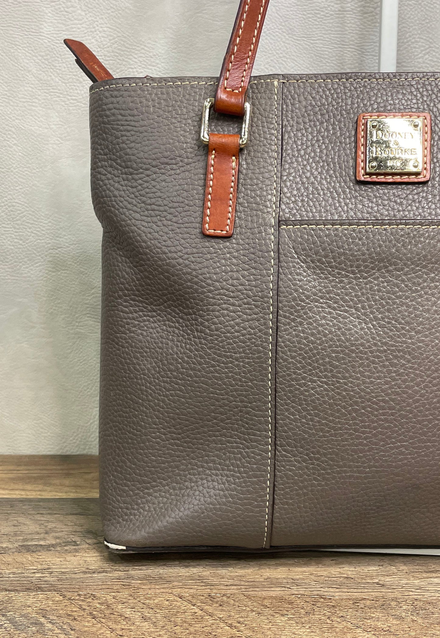Dooney & Bourke Grey Pebbled Leather Zip Top Tote Bag Tan Trim Gold Hardware