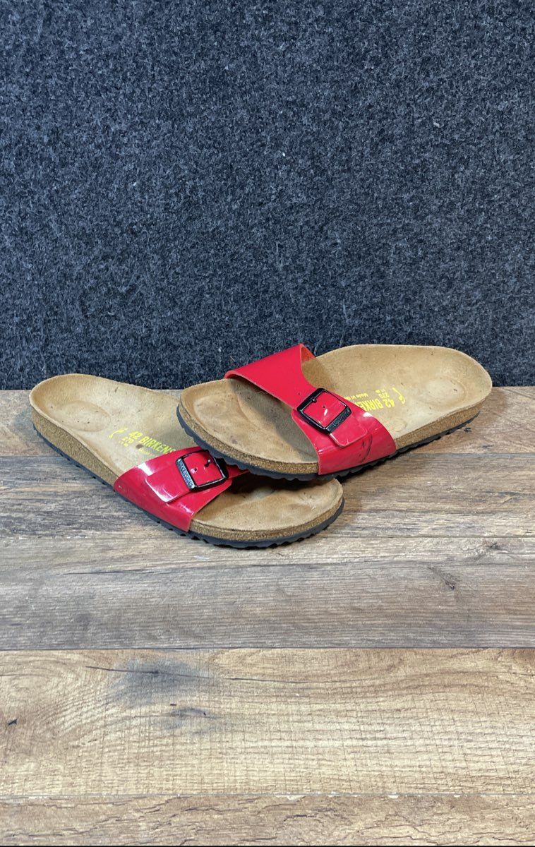 Birkenstock Madrid Red Glossy Patent Single Strap Slide Sandals Size 42
