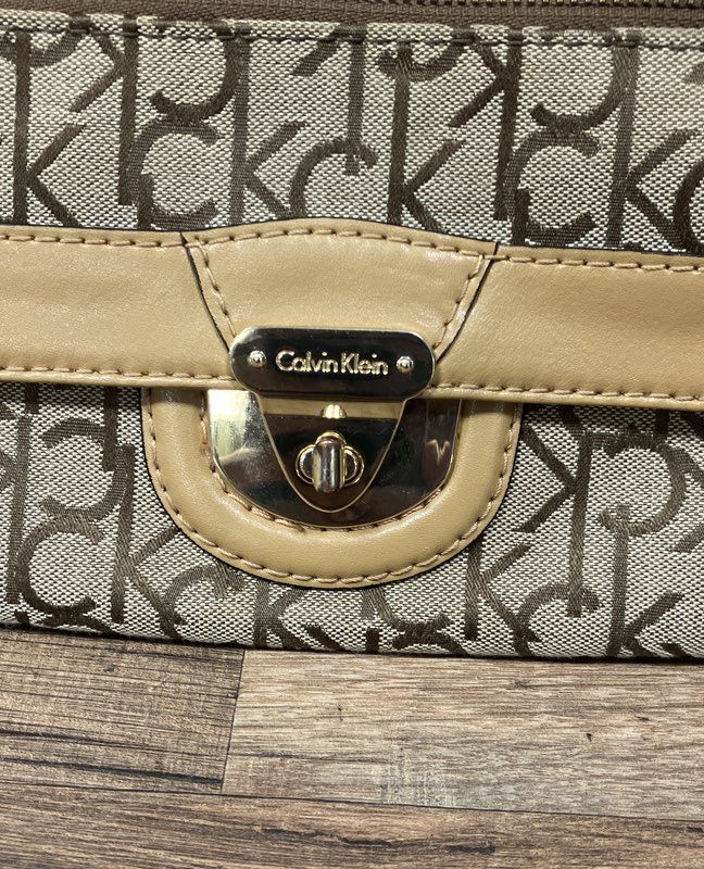 Calvin Klein Beige Brown Monogram Logo Small Shoulder Bag Wristlet Gold Hardware