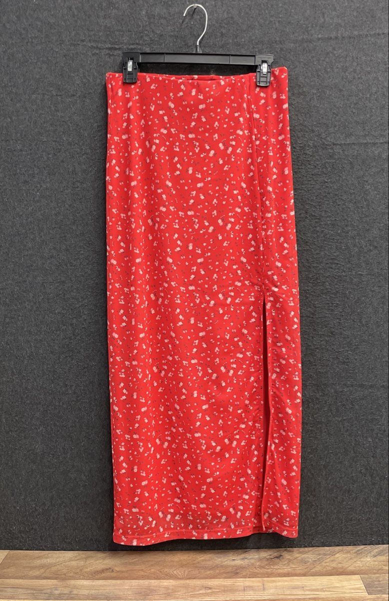 Free People Women's Red Floral Print Side Slit Mesh Maxi Skirt Size M