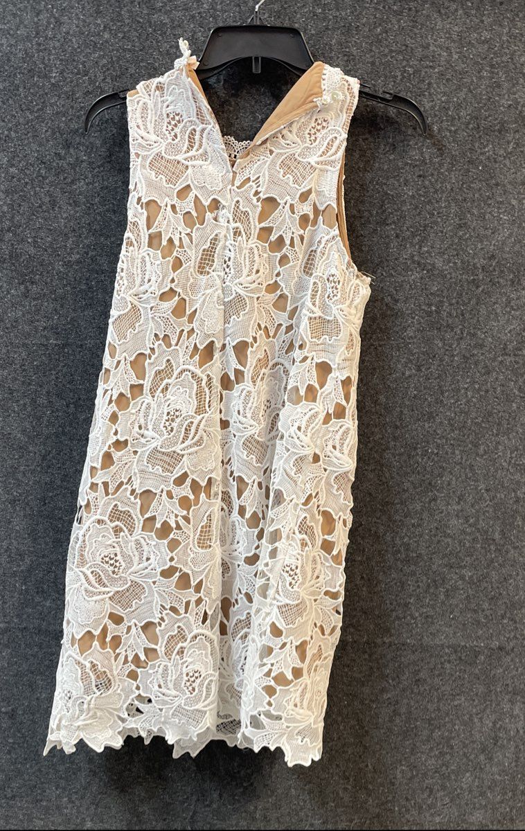 Entro Women's Floral Guipure Lace Overlay Dress White Tan Sleeveless NWT Sz S