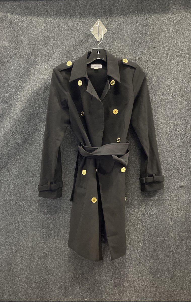 Calvin Klein Women's Black Double Breasted Belted Trench Coat Gold Buttons Sz 4P