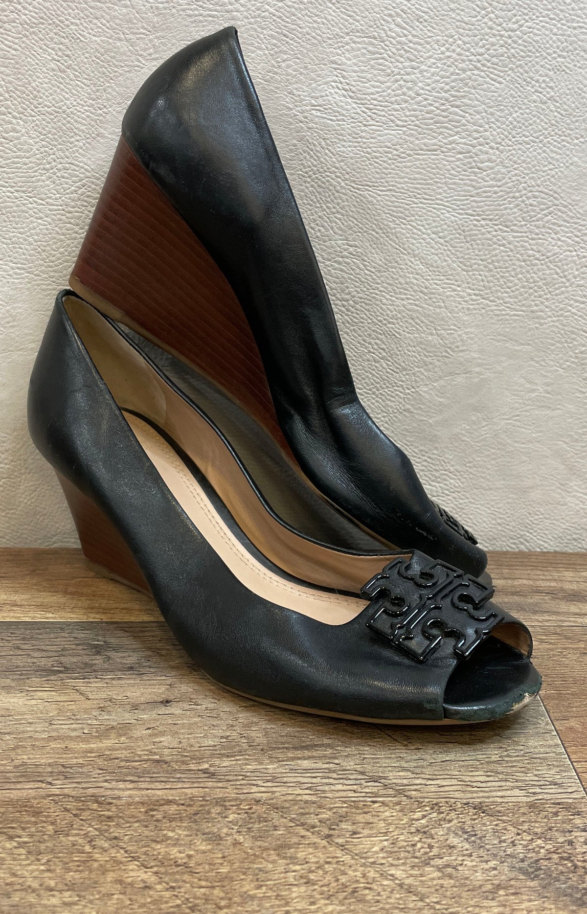 Tory Burch Black Leather Peep Toe Wedge Heels Women's Size 9.5 M