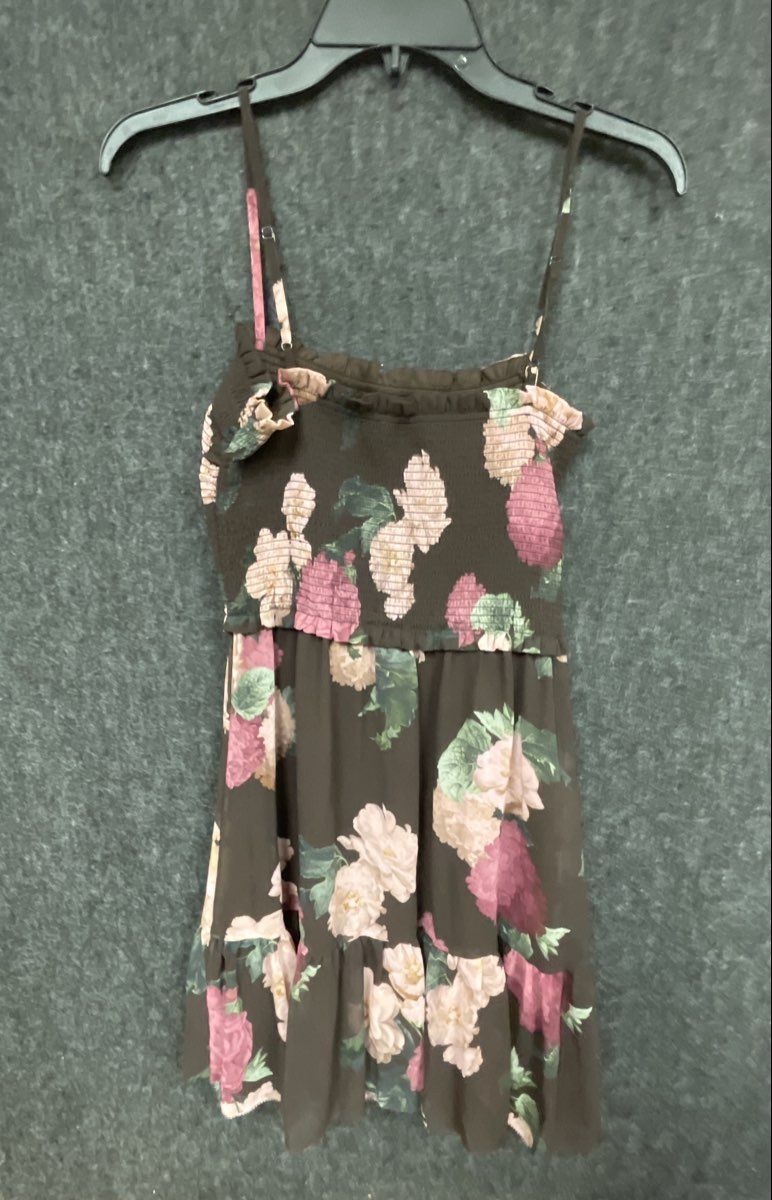 Wilfred Women's Dark Brown Floral Smocked Spaghetti Strap Ruffle Mini Dress Sz S