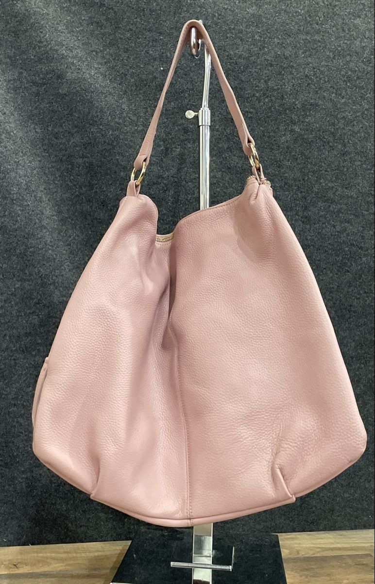 Laggo Pink Pebbled Leather Studded Hobo Shoulder Bag Gold Hardware