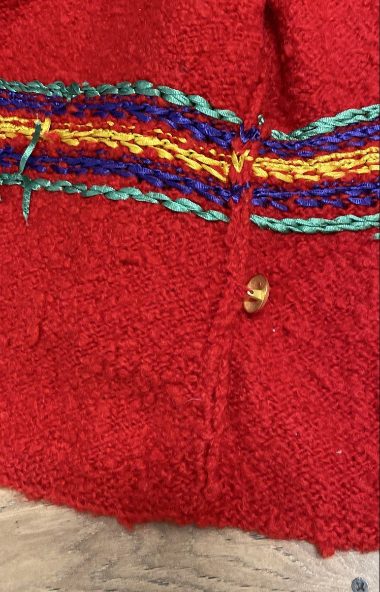 Vintage 90s Women's Red Ribbon Embroidered Boucle Knit Cardigan Sweater