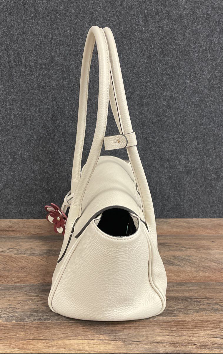 Made in Italy Cream Pebbled Leather Shoulder Bag Floral Charm Gold Hardware