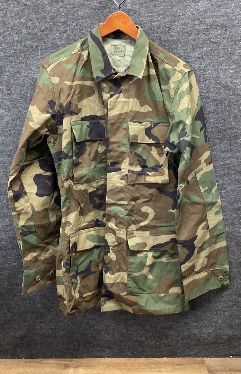 Vintage 90s US Military Woodland Camo BDU Combat Coat Jacket Small X-Long