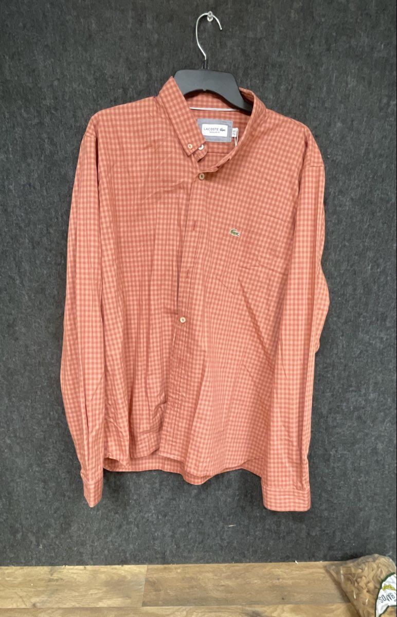 Lacoste Men's Orange Gingham Regular Fit Long Sleeve Button Down Shirt Sz 2XL