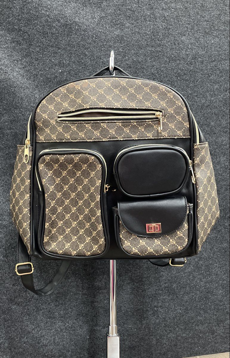 Unbranded Brown Black Leather Multi-Pocket Backpack Bag Gold Hardware