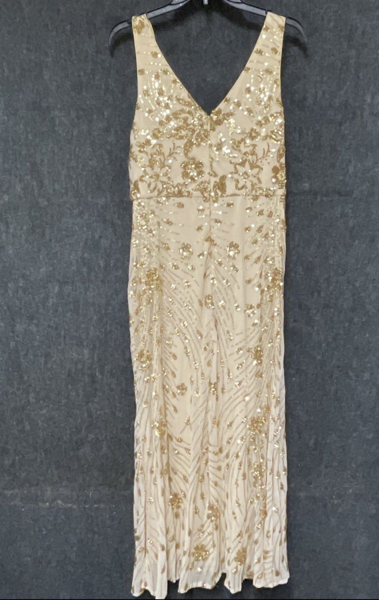 Ever Pretty Women's Gold Sequin V-Neck Sleeveless Maxi Evening Gown Size 16