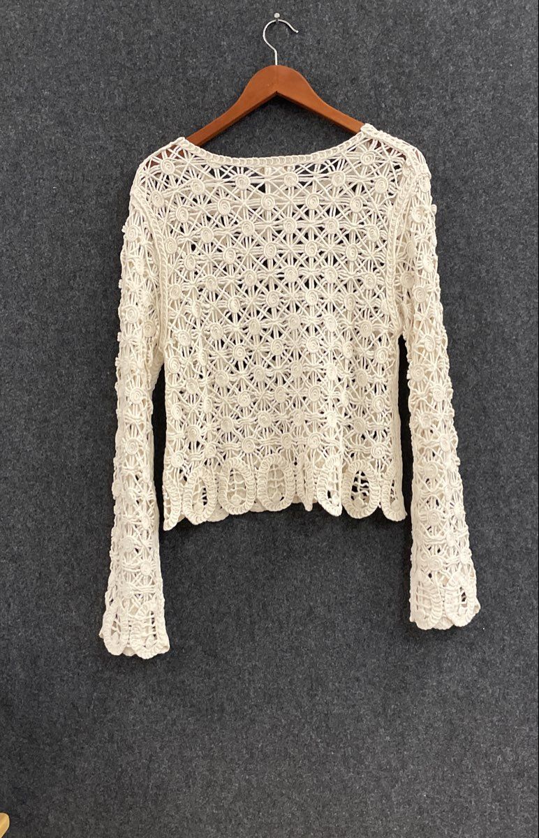 La Blanca Women's Ivory Open Knit Crochet Beach Cover Up Shirt Sz M