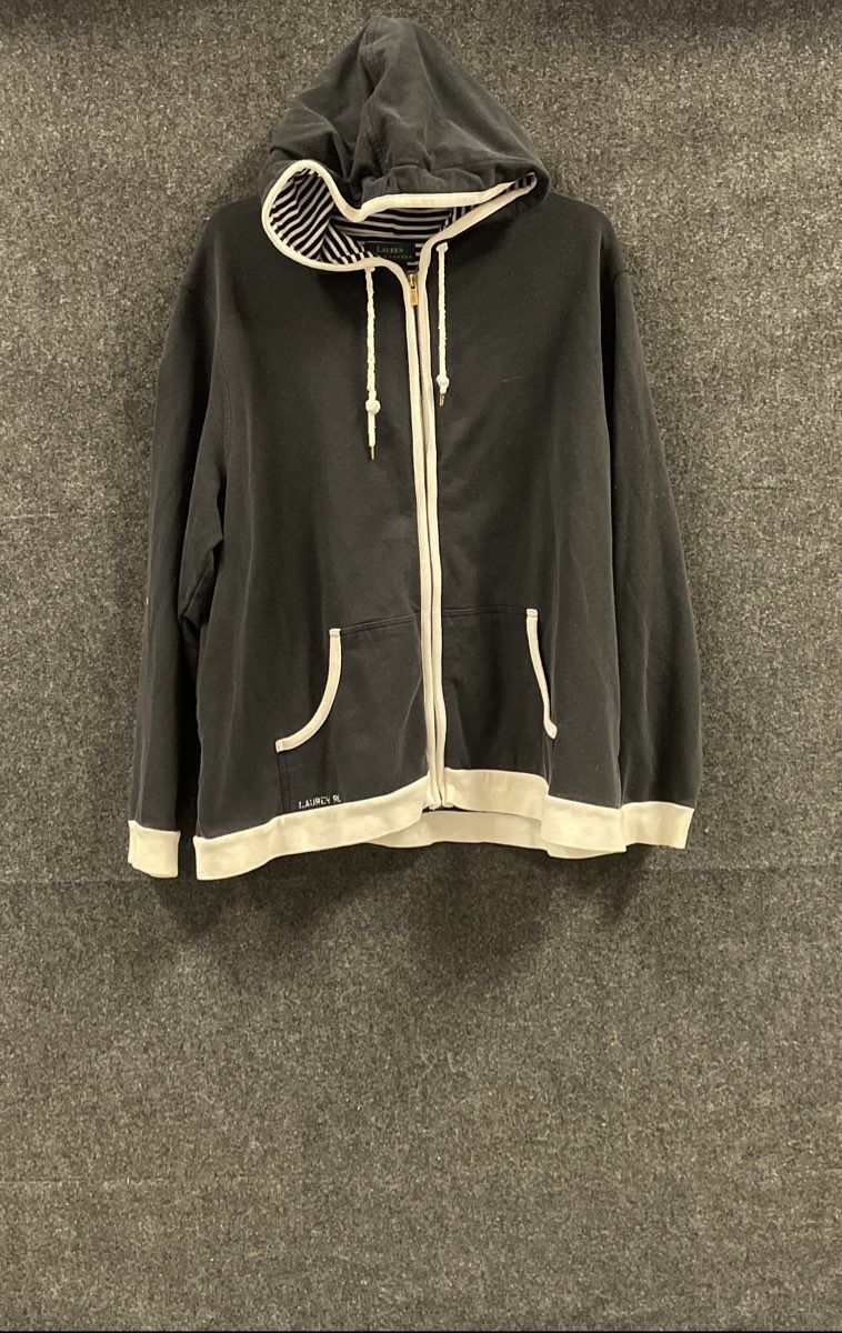 Vintage Y2K Lauren Ralph Lauren Women's Black Striped Hood Full Zip Hoodie 1X