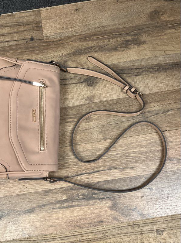 Rosetti Nude Beige Faux Leather Triple Compartment Crossbody Bag Gold Hardware