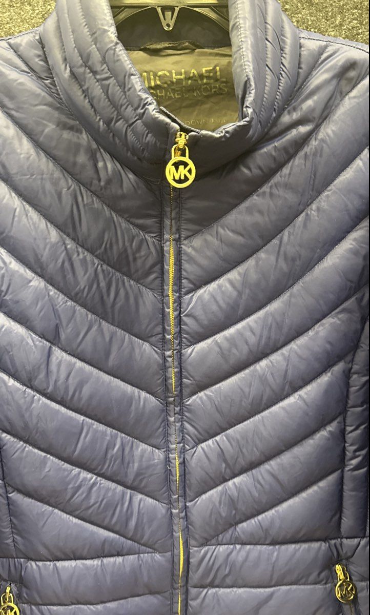 Michael Kors Women's Blue Packable Down Chevron Quilted Puffer Jacket Sz XL