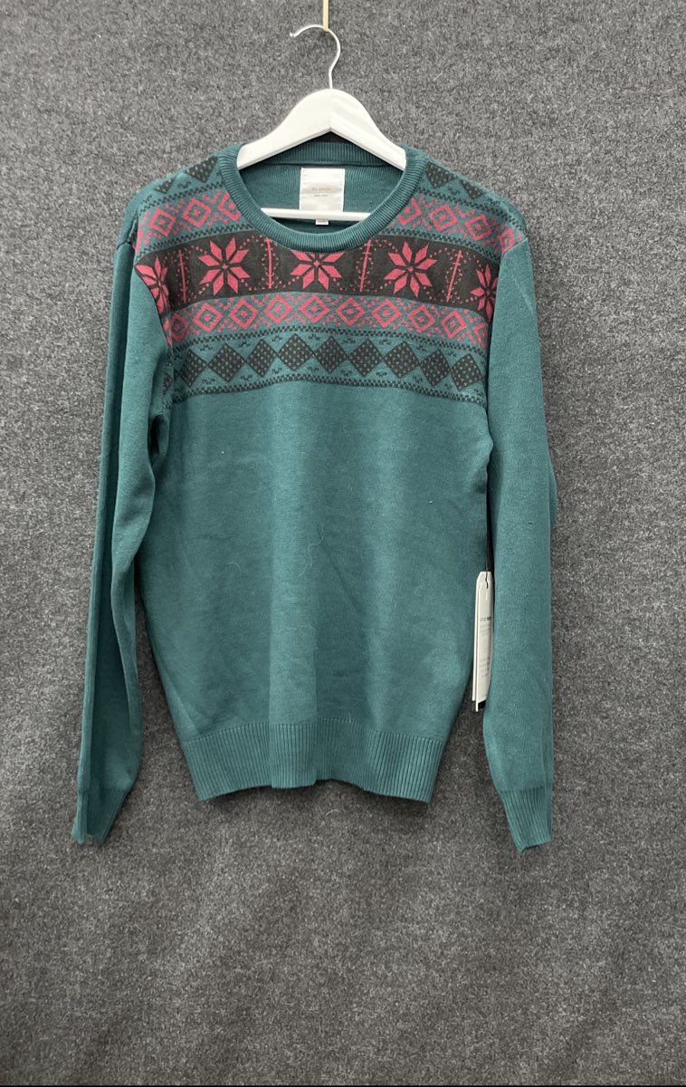 Six Lincoln Nordic Fair Isle Snowflake Sweater Recycled Hunter Green Sz M