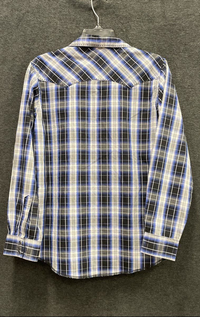 Wrangler Men's Blue Black White Plaid Long Sleeve Western Pearl Snap Shirt XL
