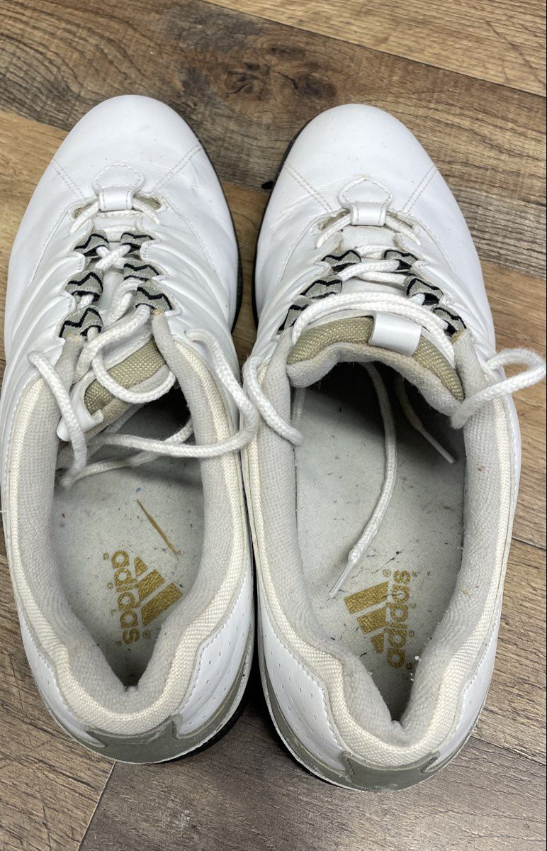Vintage 1998 Adidas 075312 White Gold Spiked Leather Golf Shoes Men's Size 9.5