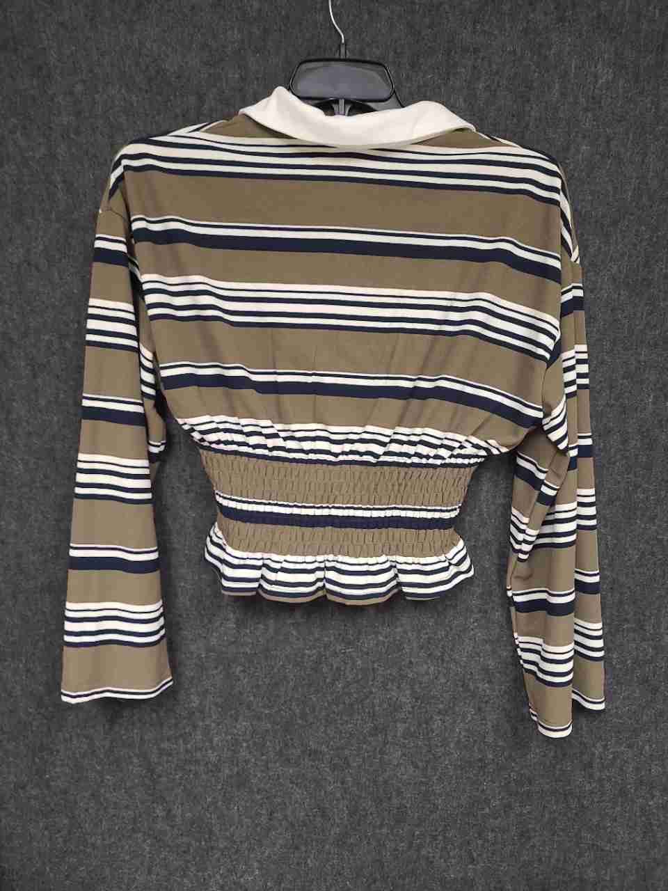 Aiirz Women's Striped Long Sleeve Polo Cropped Top Olive Navy Smocked Waist XS