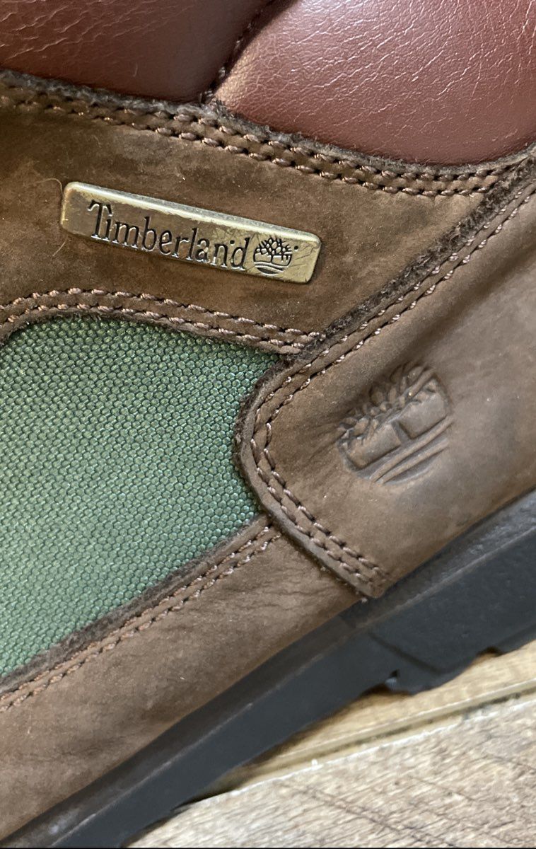 Timberland Field Boots Brown Green Canvas Leather Hiking Mid Top Size 6