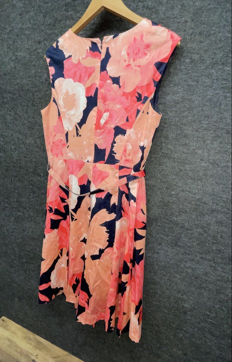 INC International Concepts Women's Pink Navy Floral Fit Flare Belted Dress Sz 4