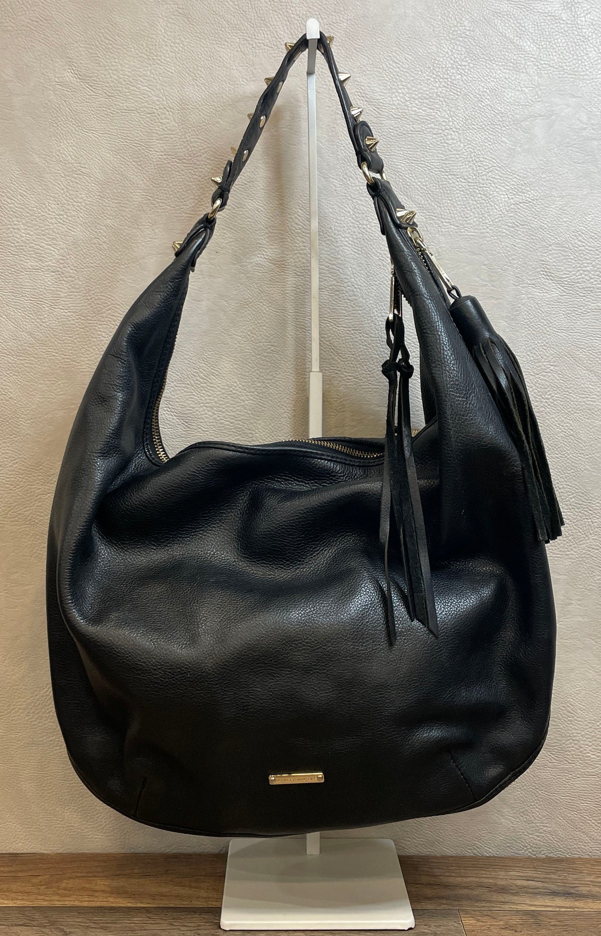Rebecca Minkoff Black Pebbled Leather Hobo Bag Studded Gold Hardware Tassel