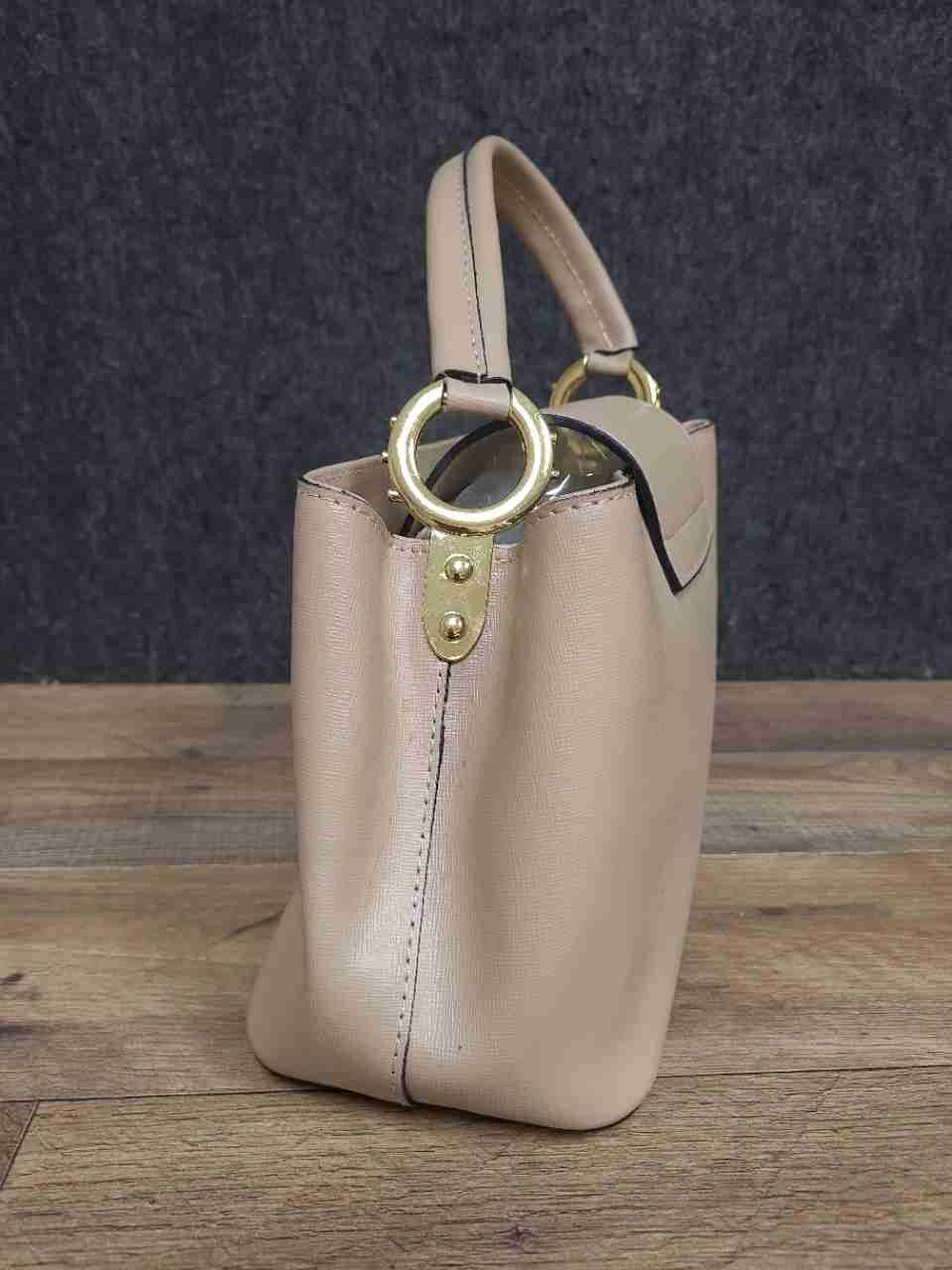 Vera Pelle Beige Saffiano Italian Leather Top Handle Satchel Bag Medium