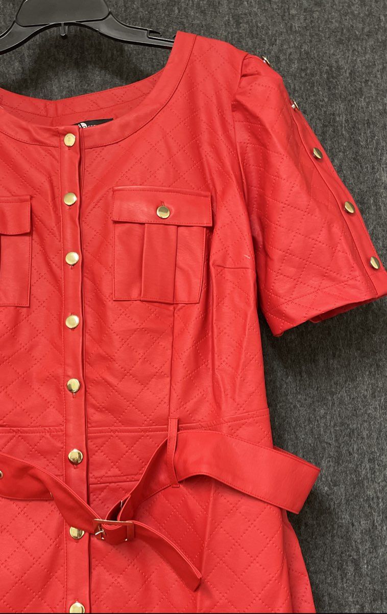 Ashley Stewart Women's Red Quilted Faux Leather Button Up Belted Dress Sz 14/16