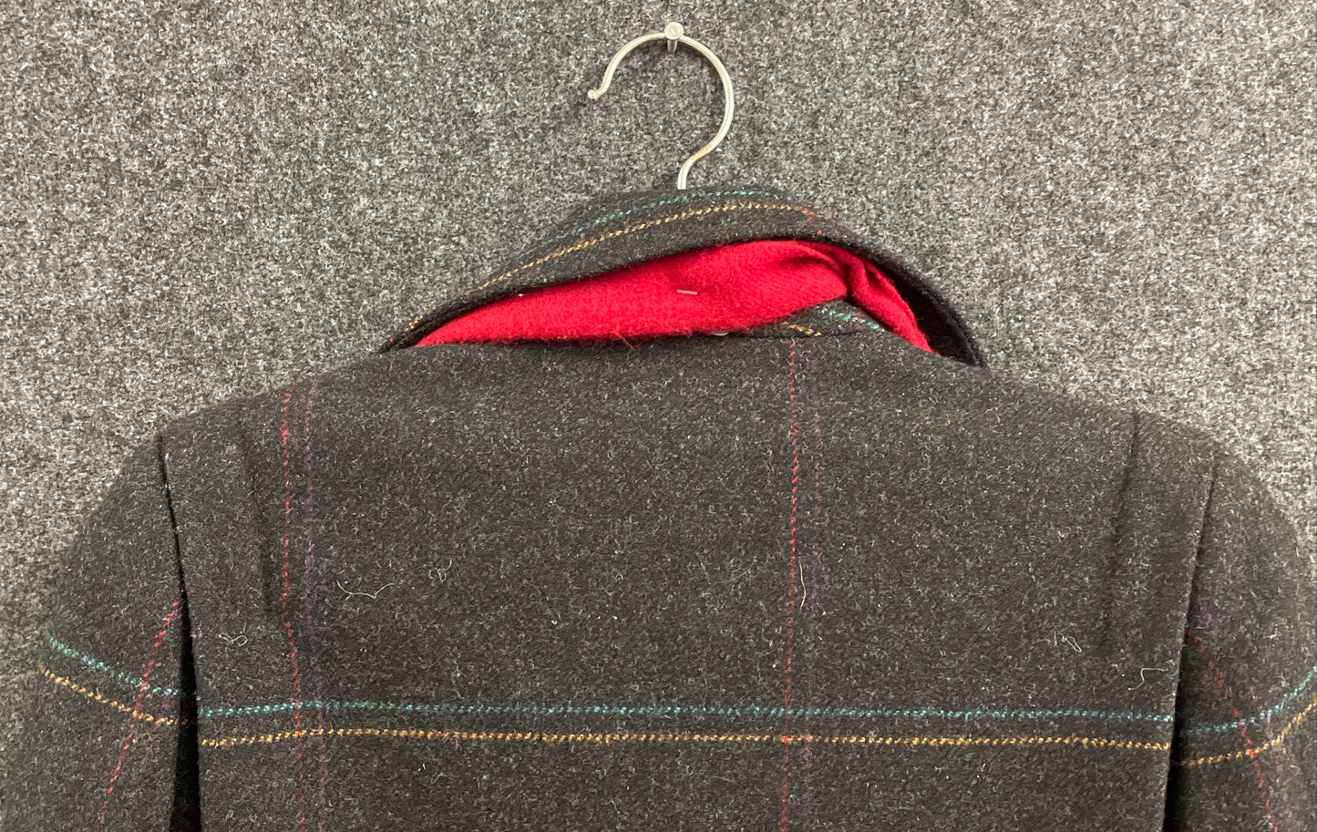 Vintage 90s Alorna Women's Dark Gray Wool Jacket Coat with Red Scarf Striped