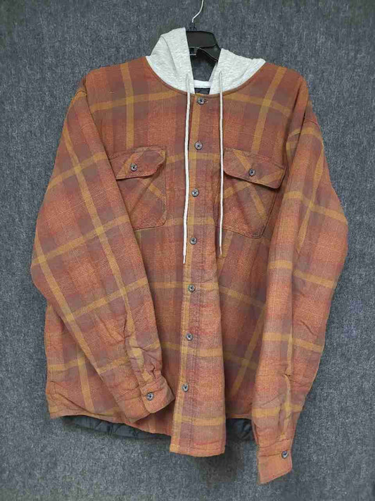 Wrangler Men's Orange Plaid Hooded Flannel Quilted Lined Shirt Jacket Sz 2XL