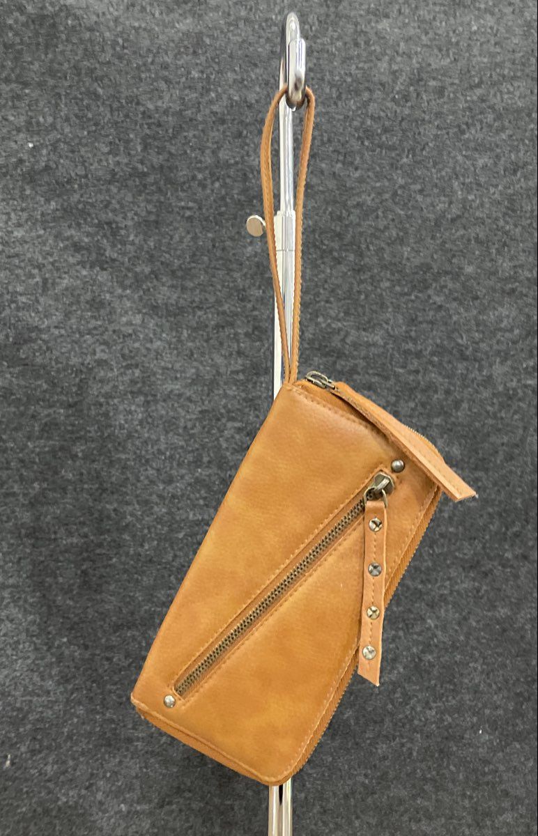 Free People Tan Studded Vegan Leather Zip Around Wristlet Wallet